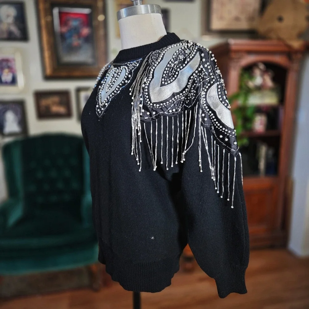Vintage 80s Black Beaded Fringe Sweater Embellished Shoulder Sparkle Glam Size S